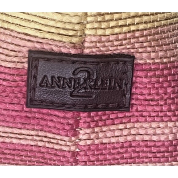 Anne Klein 2 Medium Pink & Yellow Striped Canvas Grab Handbag with Brown Trim - Picture 12 of 16